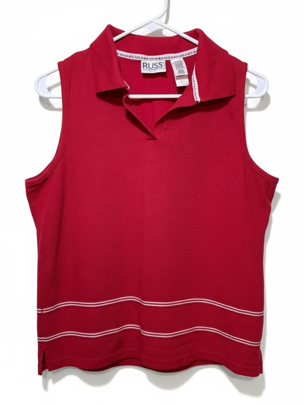 Russ Sleeveless Polo knit Top Red with White Stripe Accents Golf Tennis VTG